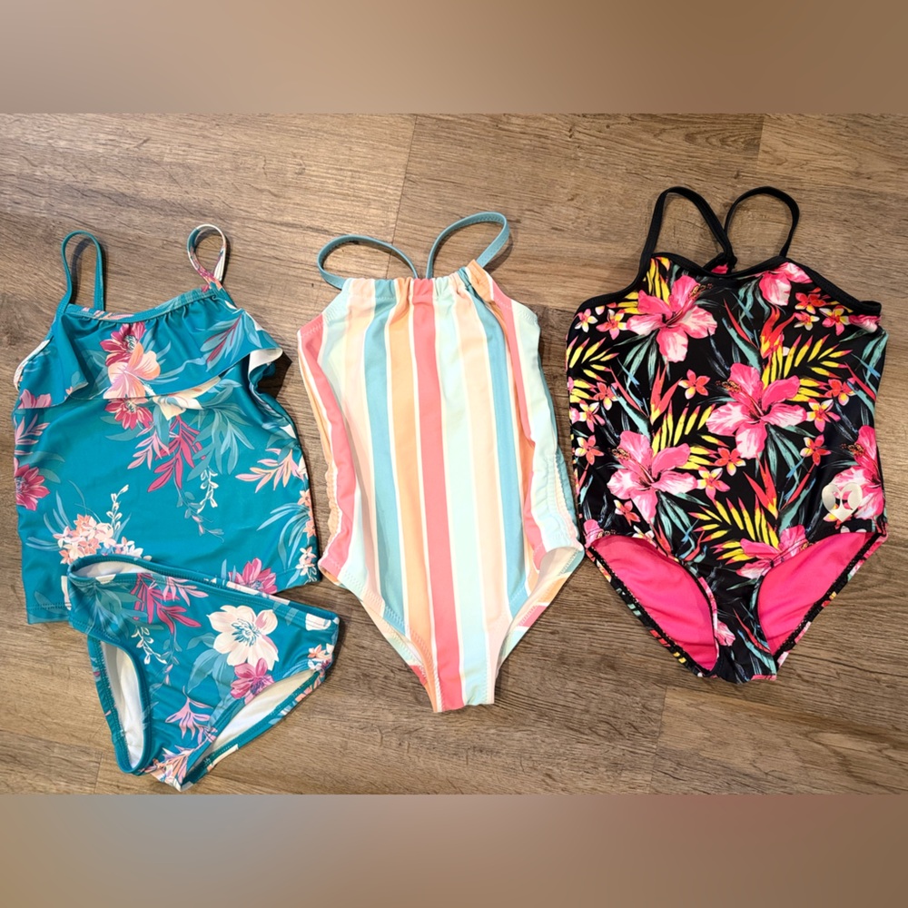 Kids Swimwear Set - Teal,  Pastel Pink Striped, Black Floral